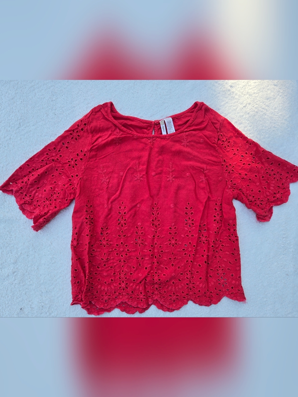 Japna Red Eyelet Lace Short-Sleeve Women’s Top Sz L